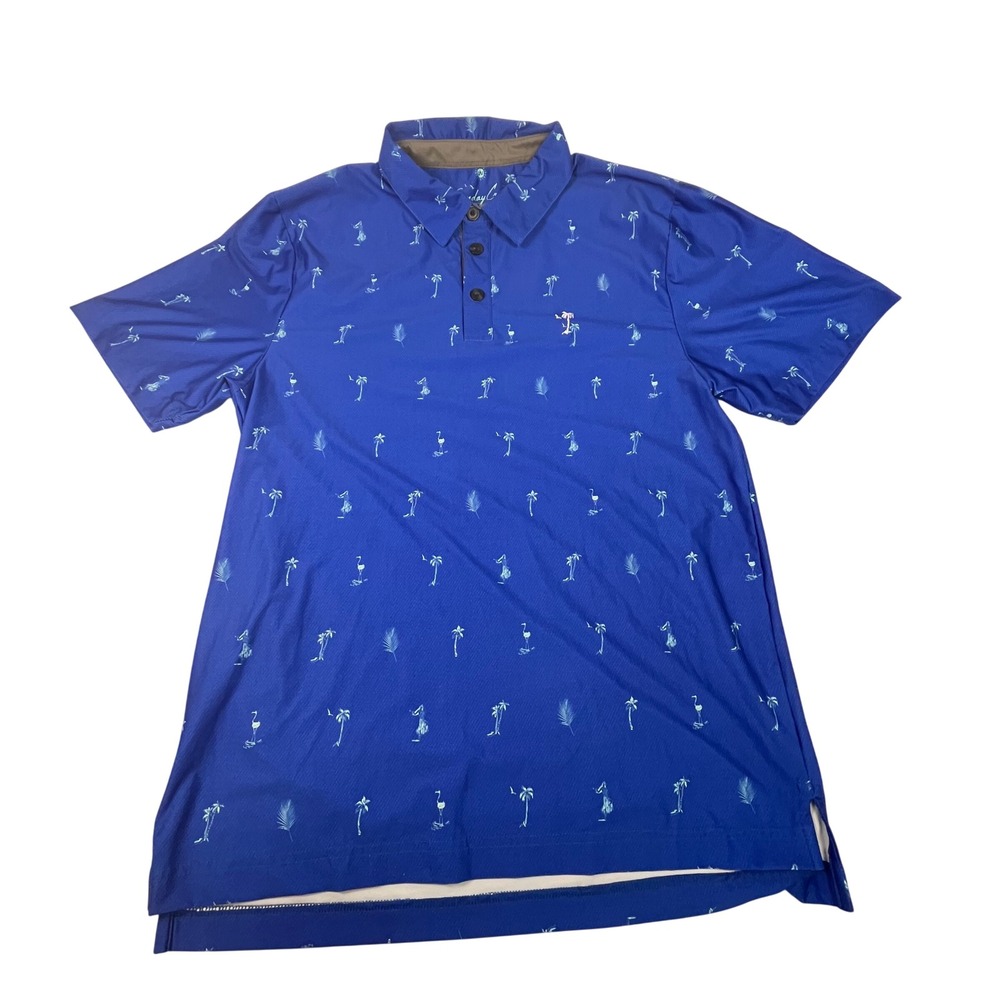 Sunday Crew Mens Blue Tropical Palm Tree Flamingo UPF 50+ Polo Shirt Large USA